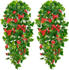 BLEUM CADE Artificial Hanging Flowers for Outdoors, 2pcs Fake Hanging Plants Pothos Vines with Red Flowers for Wall Home Living Room Indoor Outdoor Decor (No Baskets)