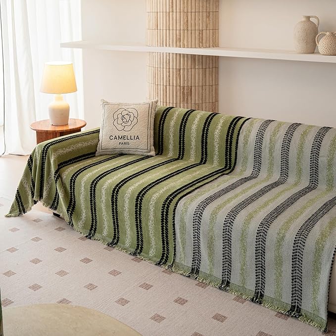 VClife Chenille Sofa Cover Bohemian Striped Pattern Couch Cover for Oversized Sofa - Sage Green Black Textured Sofa Slipcover Washable Furniture Protector for Couch Decorative Couch Cushion Cover