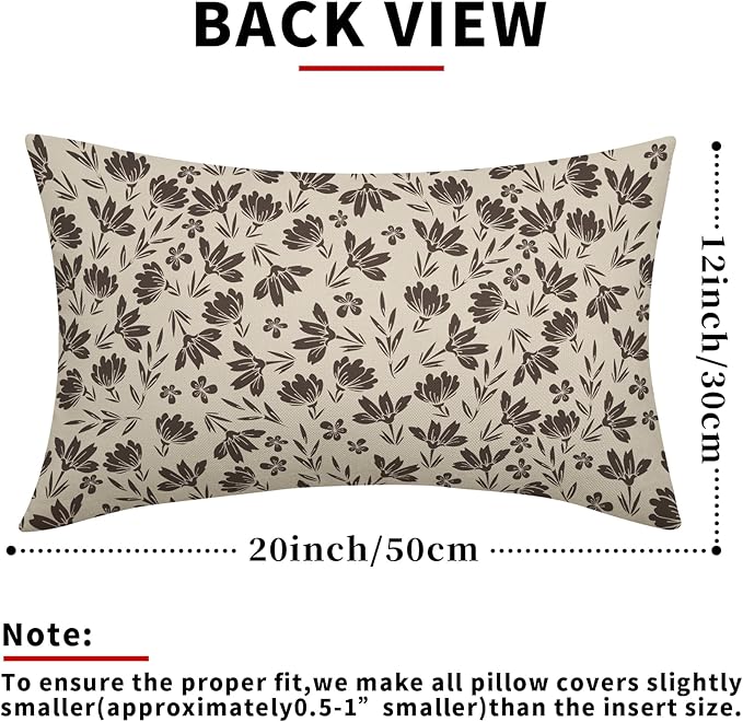Dark Brown Floral Pillow Covers 12x20 Set of 2 Vintage Rustic Old Style Cute Small Flower Cream Print Decorative Outdoor Pillowcases Farmhouse Throw Cushion Case Decor for Couch Sofa Bed