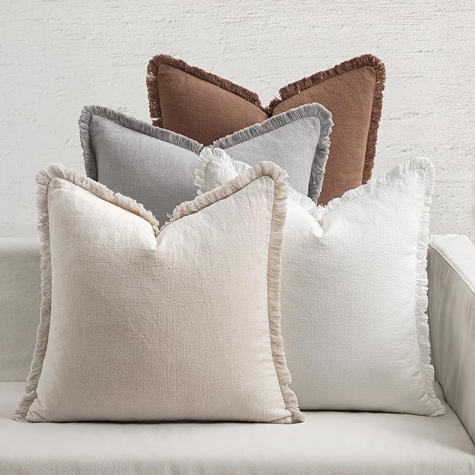 MIULEE Decorative Couch Pillow Covers Neutral Linen Fringe Throw Pillows Set of 4 Modern Cushions Boho Farmhouse Pillowcases for Bed Sofa Living Room Spring Home Decor 18x18 Inch Beige/Brown/Grey