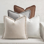 MIULEE Decorative Couch Pillow Covers Neutral Linen Fringe Throw Pillows Set of 4 Modern Cushions Boho Farmhouse Pillowcases for Bed Sofa Living Room Spring Home Decor 18x18 Inch Beige/Brown/Grey