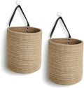 Hanging Basket 2 Pack, Small Wicker Wall Baskets for Organizing, Woven Boho Wall Hanging Decor, Indoor Plant Holder, Cotton Rope Door Organizer, Shelf Storage Bin, 7"D x 8"H (Jute)
