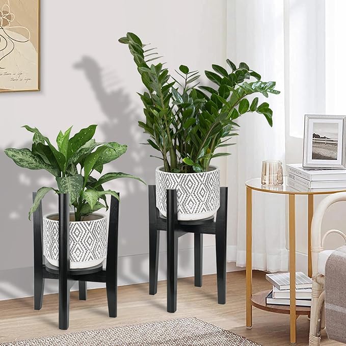 Adjustable Plant Stand with Tray,Indoor Wood Plant Stand Fit 8'' to 12'' Planter,Mid Century Modern Flower Pot Holder Rack(Plant and Pot Not Included),Black