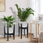 Adjustable Plant Stand with Tray,Indoor Wood Plant Stand Fit 8'' to 12'' Planter,Mid Century Modern Flower Pot Holder Rack(Plant and Pot Not Included),Black