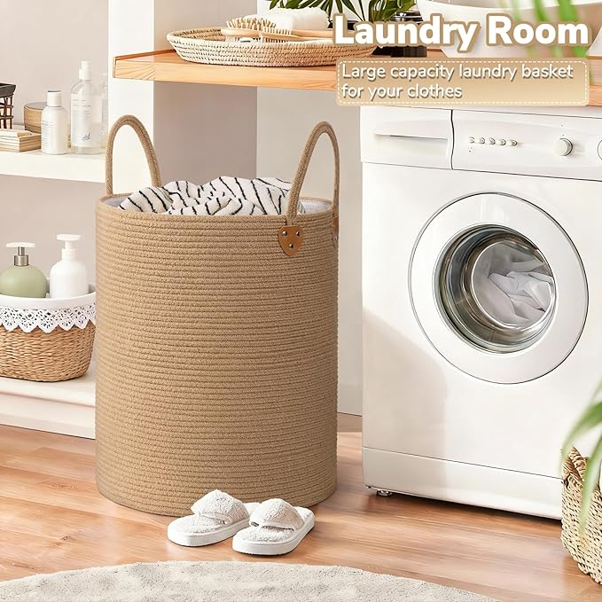 CHICVITA 70L Large Laundry Basket for Clothes, Jute Srorage Basket for Blankets Living Room, Tall Laundry Hamper for Home Décor, Wicker Woven Baskets for Nursery Toy Storage, 16" X 16" X 20"