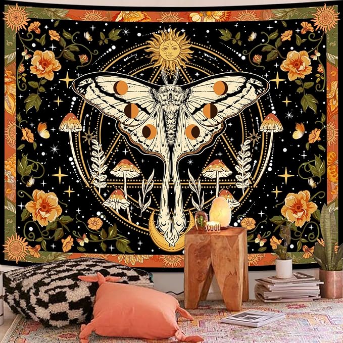 Aipon Orange Moth Tapestry Boho Retro Floral Flowers Tapestries Aesthetic Vintage Mushroom Tapestries for Bedroom Indie Sun Moon Tapestry Wall Hanging for Living Room Dorm (48'' × 36'')