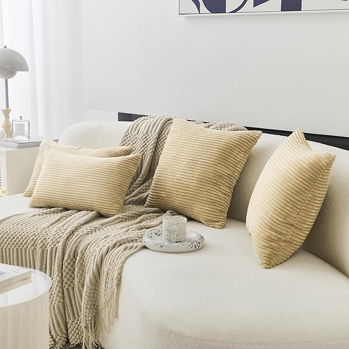 Home Brilliant Set of 2 Throw Pillows for Couch Bed Corduroy Striped Velvet Pillow Covers Protectors for Holiday, 40x40cm, 16 x 16 Inch, Taupe