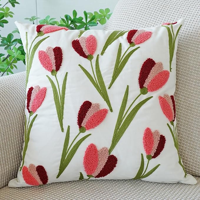 vctops Tulip Floral Embroidered Pillow Covers 18x18 Inch Spring Summer Cotton Tufted Throw Pillow Cover Outdoor Garden Cushion Case for Sofa, Bed, Living Room (Flower E,18"x18")