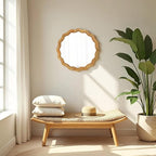 Boho Scalloped Rattan Round Mirror 24 Inches, Hanging Decorative Farmhouse Circle Mirror for Wall Decor Living Room Hallway Entryway, Handmade Coastal Circular Vanity Mirrors for Bathroom