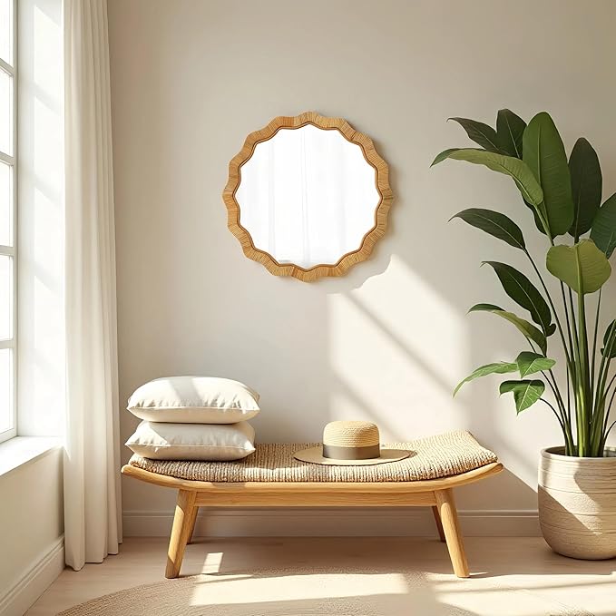 Boho Scalloped Rattan Round Mirror 24 Inches, Hanging Decorative Farmhouse Circle Mirror for Wall Decor Living Room Hallway Entryway, Handmade Coastal Circular Vanity Mirrors for Bathroom