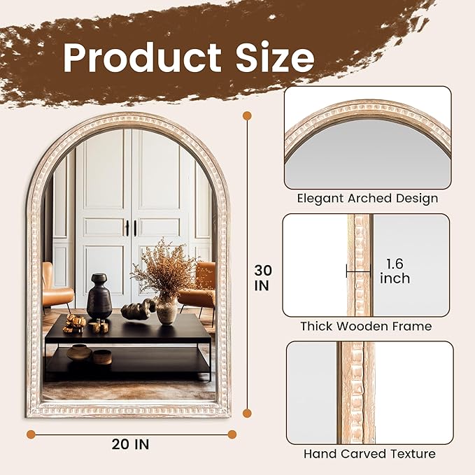 Arched Vanity Mirror for Wall, 30"x20" Boho Rustic Farmhouse Mirror with Beaded Wooden Frame, Decorative Wooden Mirror for Bathroom, Living Room, Entryway, or Bedroom