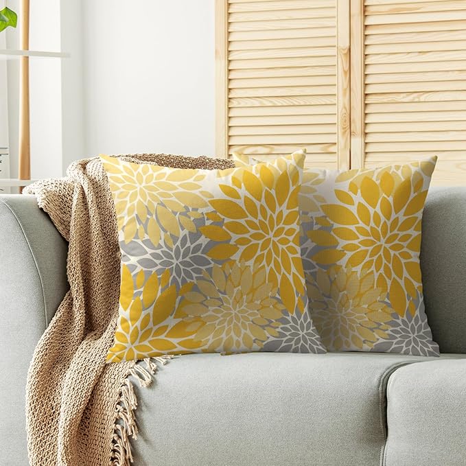 Yellow Grey Gray Pillow Covers 24X24 Inch Set of 2, Dahlia Flower Spring Summer Floral Cream Decorative Throw Pillow Covers Outdoor Modern Farmhouse Cushion Case for Home Couch Sofa Bed Decor