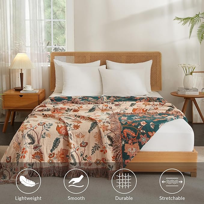 Boho Throw Blanket for Couch Sofa Bed, 100% Cotton Woven Quilt with Tassel 90”x98”, Super Soft Muslin Blanket with Floral Printed, Decorative Reversible Bed Blanket/Cover for All Seasons
