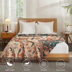 Boho Throw Blanket for Couch Sofa Bed, 100% Cotton Woven Quilt with Tassel 50”x60”, Super Soft Muslin Blanket with Floral Printed, Decorative Reversible Bed Blanket/Cover for All Seasons