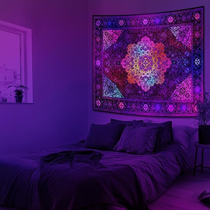Apdidl Blacklight Boho Mandala Hippie Wall Tapestry for Bedroom, Glow in The Dark Neon Indian Bohemian Floral Tapestries Blanket Art Decor, UV Reactive Purple Wall Hanging for Living Room Dorm 51" X 60"