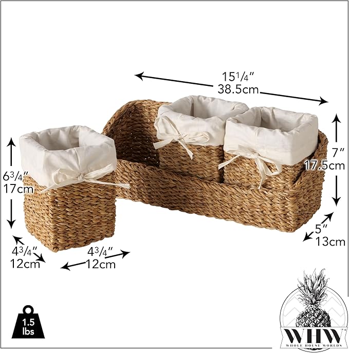 Organizer Basket Set, Set of 4, Includes 3 Lined Removable Bin-Baskets, One Caddy-Utility Basket, Handmade, Sea Grass, Cotton, Bow Ties, Honey Color, 15.75 Inches