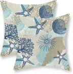 Nautical Coastal Pillow Covers 18x18 Inch Set of 2, Beach Themed Ocean Throw Pillows Starfish Seashell Decorations Summer Pillowcase Linen Outdoor Decor Farmhouse Cushion Case for Home Bedroom