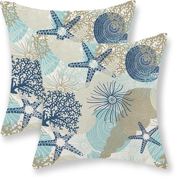 Nautical Coastal Pillow Covers 20x20 Set of 2 Beach Themed Ocean Throw Pillows Summer Starfish Seashell Decorations Pillowcase Linen Outdoor Decor Farmhouse Cushion Case for Home Bedroom