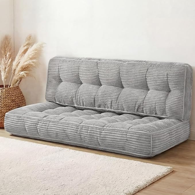63 Inch Folding Bench Cushion, 4 Inch Thick 2-in-1 Convertible Long Floor Lounger Boneless Cushions Couch Mattress Upholstered for Yoga, Reading, Sleeping, Meditation Living Room(Light Grey)