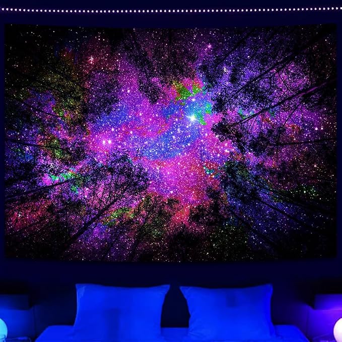 Miytal Blacklight Starry Sky Tapestry, Fantasy Forest Space Galaxy Night Nature Scenery Wall Hanging Tapestry, Aesthetic Landscape Wall Art Tapestries for Bedroom, Living Room - 70.9" x 90.6"