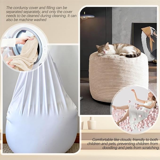 Sqodok Round Stuffed Pouf Ottoman for Foot Stools, 20"x 15" Corduroy Poufs Ottoman with Shredded Foam Filling, Washable Floor Poufs Foot Rest for Living Room Bedroom Home Decor and Office Chair