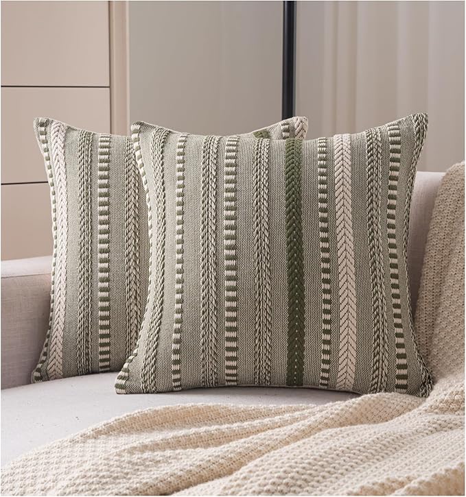 Boho Throw Pillow Covers 20x20 Inch Set of 2, Farmhouse Decorative Couch Pillow Cases, Green Accent Pillows of Bed, Sofa Bedroom Living Room Home Decor Cushion Cover