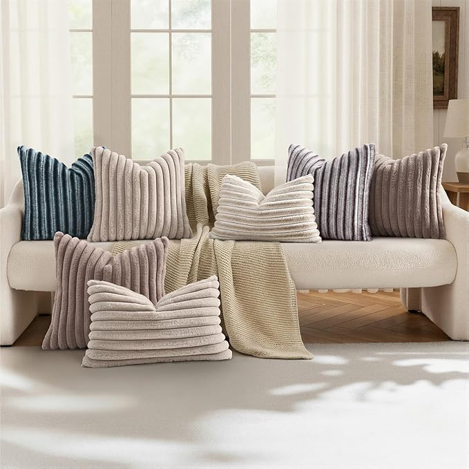 decorUhome Cozy Faux Fur Throw Pillow Covers 24x24 Set of 2 Decorative Soft Plush Striped Modern Farmhouse Boho Couch Euro Sham Pillow Cases with Velvet Back for Sofa Bed Living Room, Brown White