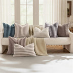 decorUhome Cozy Faux Fur Throw Pillow Covers 24x24 Set of 2 Decorative Soft Plush Striped Modern Farmhouse Boho Couch Euro Sham Pillow Cases with Velvet Back for Sofa Bed Living Room, Tan