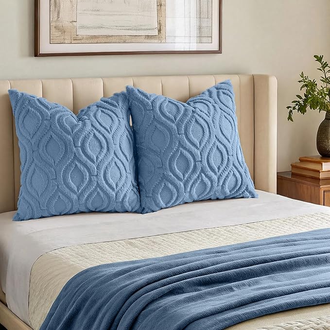 decorUhome Cozy Textured Euro Sham Throw Pillow Covers 22x22 Inch Set of 2, Soft Plush Faux Wool Blue Accent Couch Pillow Covers for Modern Farmhouse Sofa Bed Living Room