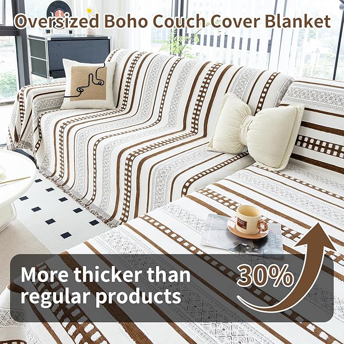 Striped Couch Cover Blankets, Boho Couch Covers, Sofa Blanket Cover for Dogs, Large Couch Covers for 3-4 Cusion Sofa, Chenille Sofas Protector Washable Sectional(1pc/Brown/71 x 150")