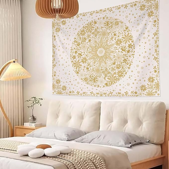 Neasow Bohemian Tapestry Wall Hanging, Yellow Floral Tapestry with Dotted Daisy Medallion Print Bedroom Boho Hippie Home Decor, 50x60 inches