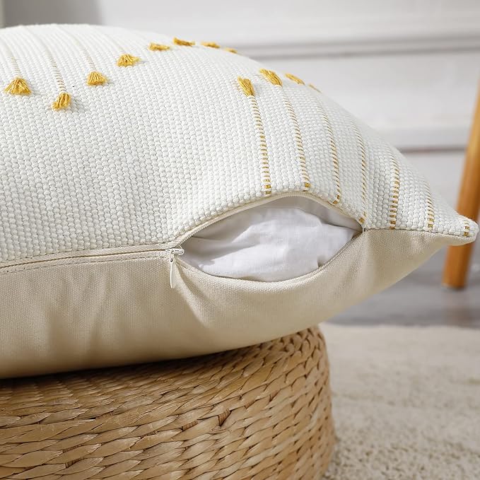 PANOD Knitted Boho Tufted Throw Pillow Covers with Tassel 20x20 inch, Decorative Indoor Outdoor Bohemian Square Cushion case Pillowcase for Couch Sofa Livingroom car Farmhouse Yellow and Cream White