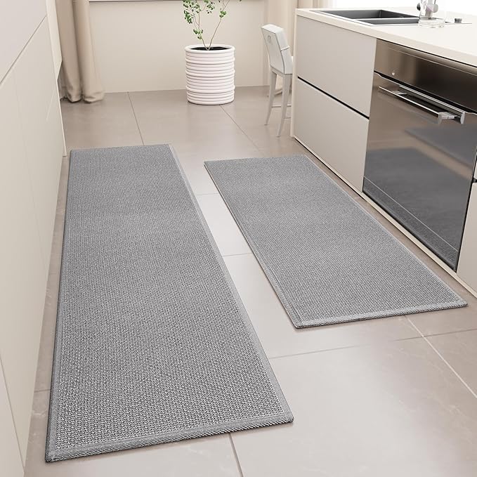 Kitchen Mat Set of 2 PCS, Cushioned Non Slip Rugs for Kitchen Floor, Absorbent Runner Comfort Standing Mats Washable for Kitchen, Office, Home, (Grey, 17.3"x47"+17.3"x71")