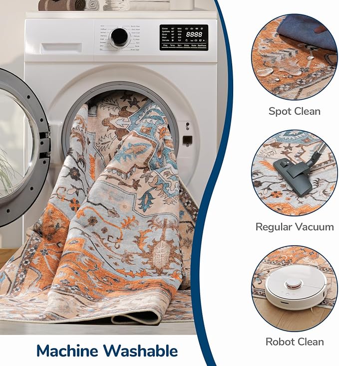 Lessymo 5x7 Area Rugs- Machine Washable Area Rugs, Super Soft Faux-Wool Area Rug for Living Room Bedroom, Boho Area Rug Vintage Floral Medallion Non-Slip Low Pile, Orange Beige