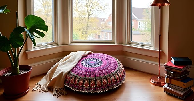 ICC 32 Inch Floor Pillows & Cushion covers Decorative Hippie Mandala Pouf Pillow covers Seating Meditation Cushion Cover Bohemian Large Boho Ottoman Case Pillowcase Couch Round Pink