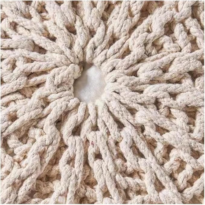 Knitted Pouf Ottoman - 19.5" Round Cotton Footrest - Beige - Cozy Seat & Home Decor - Versatile Storage Ottoman