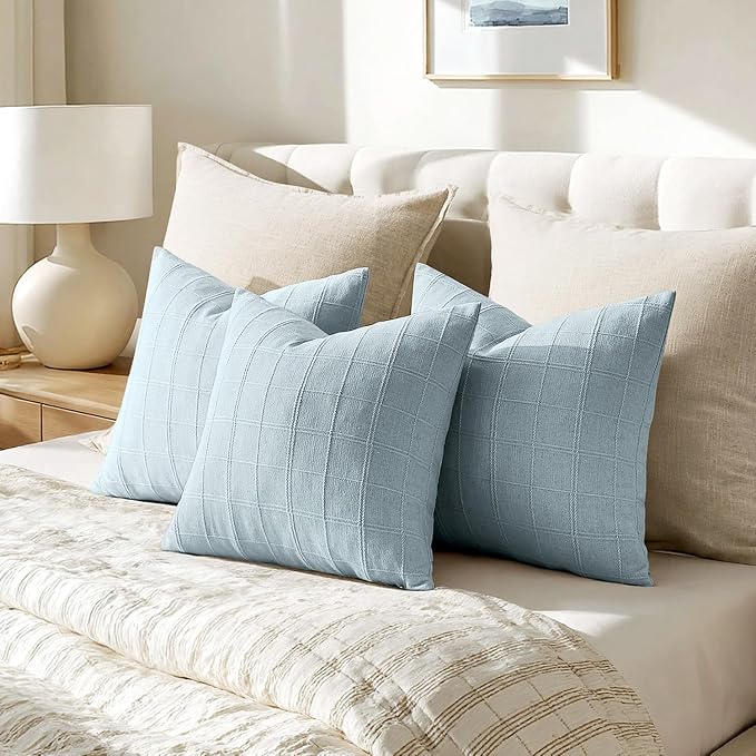 Woaboy Linen Check Throw Pillow Covers Light Blue Farmhouse Modern Boho Vintage Coastal 18x18 Inch Set of 2 Decorative Cushion Covers for Sofa Couch Bedroom Living Room Home Decor