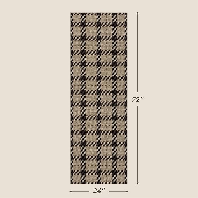 Entryway Rug Runners for Hallways Non Slip - 2x6 Jute Boho Runner Rug for Kitchen Floor, Indoor Outdoor Entrance, Hall Way, Washable No Shed Neutral Easy Jute Sisal Black and Tan Checkered Plaid