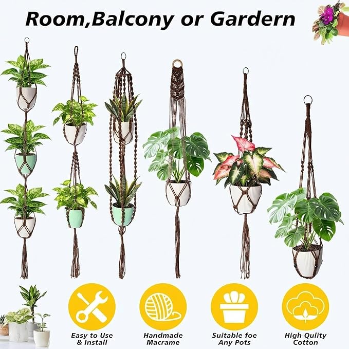 SATINIOR 12 Pcs Macrame Plant Hangers Handmade Boho Hanging Planters 12 Different Tiered Designs with 12 Hooks for Flower Pots Indoor Outdoor Decorative Wall Hanging Baskets for Home(Classic,Brown)