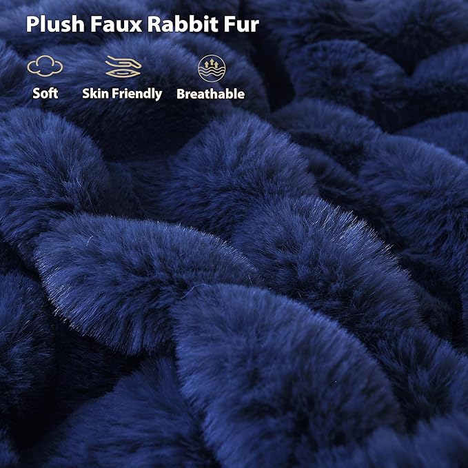 LIFEREVO Fluffy Faux Rabbit Fur Bubble Blanket, Plush Shaggy Throw for Couch Sofa, Cozy Comfy Furry Bed Blanket Adults Kids Teens Girls, Royal Blue Fuzzy Throw for Bedroom Living Room 60x90, Navy Blue