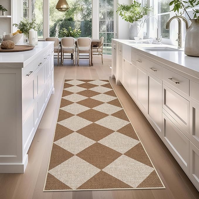 GarveeHome Checkered Easy Jute Runner Rug 2x6 Non-Slip Machine Washable Stain Resistant Indoor Outdoor Rugs for Living Room, Bedroom, Kitchen, Dining, Patio - Farmhouse Style Brown