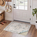 GENIMO 2x3 Reversible Door Mat for Entryway, Machine Washable Non Slip Vintage Rugs, Low Pile Lightweight Soft Print Rug for Hallway, Corridor, Home, Office, Kitchen, Taupe & Blue