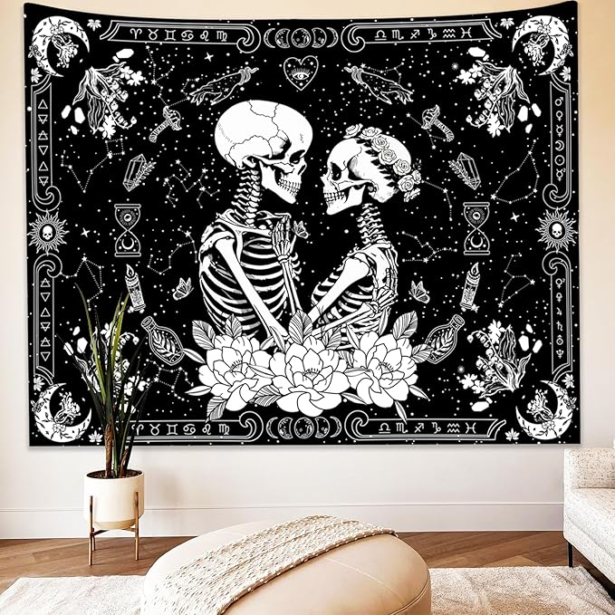 KJHL Black and White Gothic Witchy Skull Tapestry 44ʺ x 60ʺ Floral Constellation Skeleton Aesthetic Tapestries Wall Hanging for Bedroom Dorm