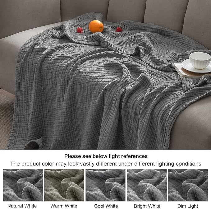 PHF 100% Cotton Muslin Blanket Queen Size 90"x90", 4-Layer Lightweight Gauze Throw, Breathable Cloud-Soft Minimalist Blanket for Bed, Couch, Camping & Baby, Greyish Black, Ideal Gift