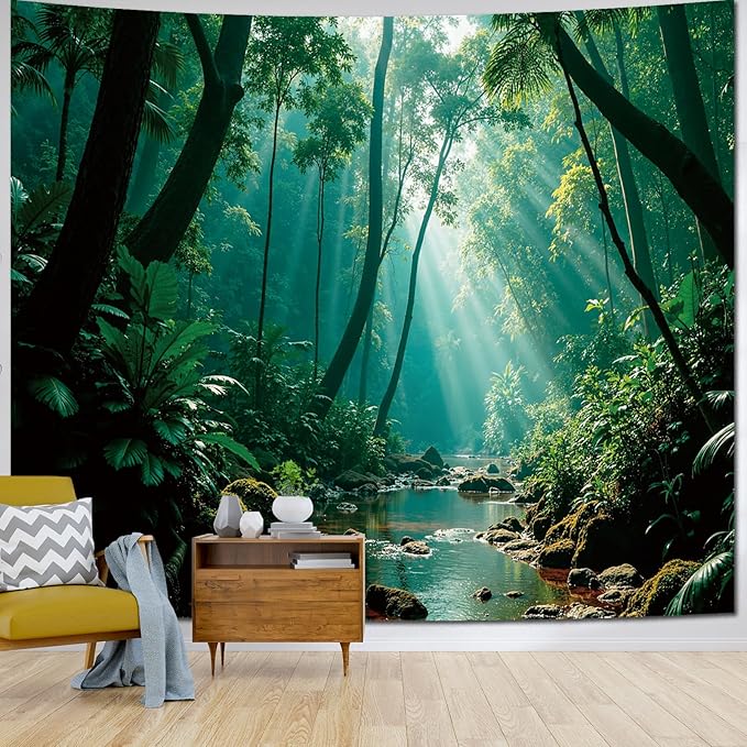 Atrippy Forest Nature Green Tapestry for Bedroom, Misty Landscape Backdrop Wall Hanging Aesthetic, Large Wall Mural Rainforest Stream Tapestries Outdoor Art Decor for Living Room Dorm 60x79 Inches