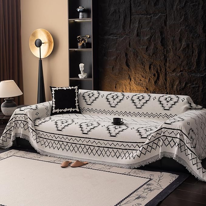 VClife Boho Aztec Couch Cover Retro Couch Cover for 3 Cushion Couch Sofa, Western White Slipcover Cover with Black Tribal Pattern, Soft Thick Chenille Furniture Sofa Covers wit Tassel, White, 71"X134"