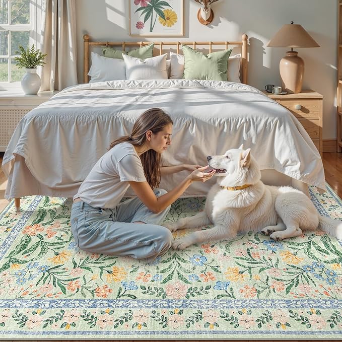 Lahome Sylvie Sage Green 6x9 Bedroom Rugs, Boho Washable Rugs for Living Room, Soft Wool Carpet for Nursery, Vintage Low Pile Carpet for Kids Playroom Girls, Tea Green