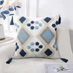 Blue Boho Decorative Lumbar Pillow Cover 18x18, Neutral Tufted Throw Pillow Cover, Modern Mid Century Farmhouse Pillow Cover Geometric Pillowcase with Tassels for Couch Bed Sofa Bedroom Living Room