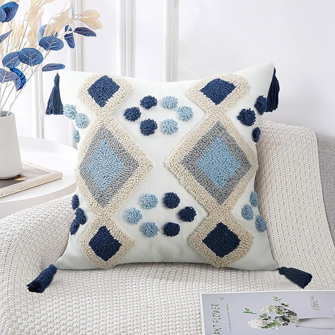 Blue Boho Decorative Lumbar Pillow Cover 18x18, Neutral Tufted Throw Pillow Cover, Modern Mid Century Farmhouse Pillow Cover Geometric Pillowcase with Tassels for Couch Bed Sofa Bedroom Living Room
