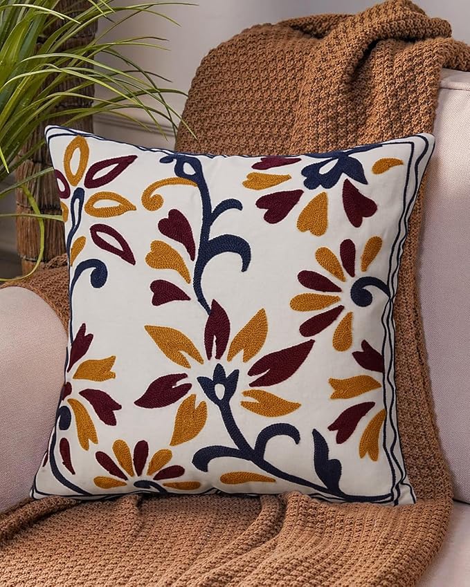 Embroidered Floral Boho Throw Pillow Cover 18x18 Inch - Decorative Cotton Pillow Case for Couch, Sofa, Bedroom, Living Room - Farmhouse Home Aesthetic Housewarming Gifts (Vintage Charm, 18" x 18")